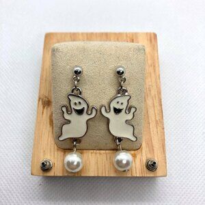 Ghost Earrings Faux Pearl Silver Tone Zinc Alloy